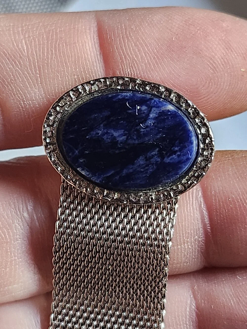 Vtg Dante Silver Tone Mesh Cufflinks with Dark Blue Oval Stones